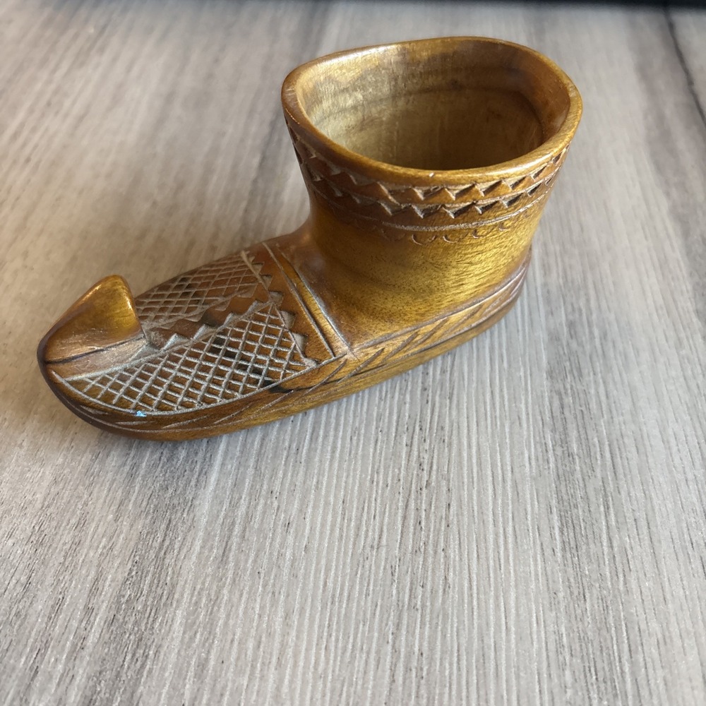 Antique Carved Wood Dutch Shoe 4.75” Danish Fruitwood Vintage 1960s Decor